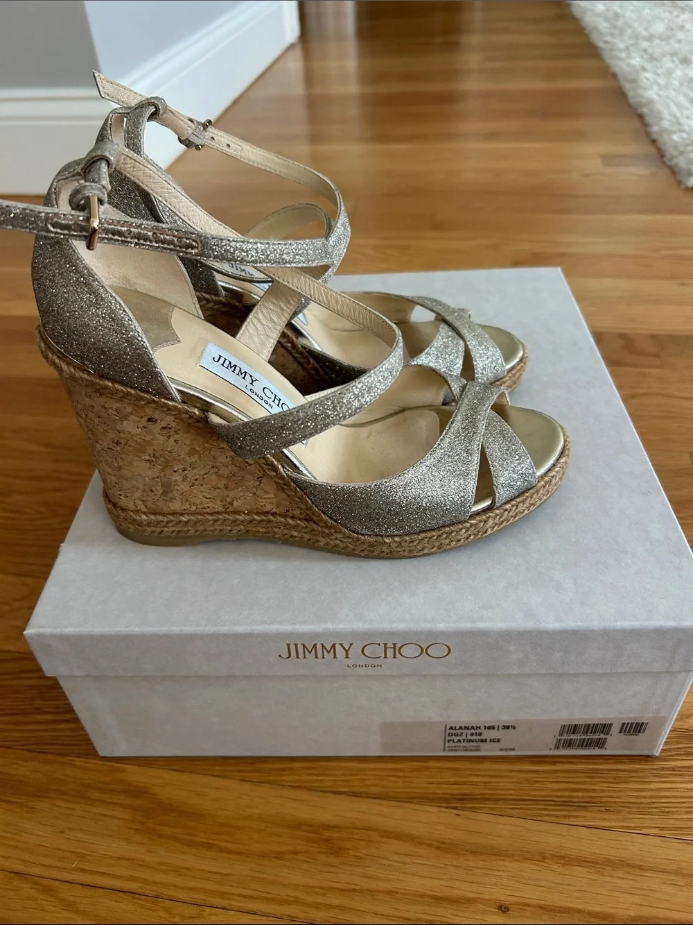 Jimmy Choo Platinum Ice Alana Espadrille Wedge Sandals size 38.5